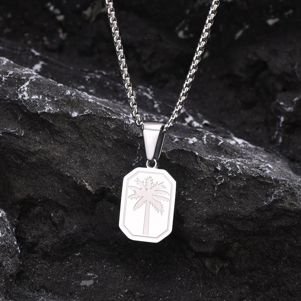 Vnox Simple Geometric Unisex Necklaces, Rectangle Pendant Monogram Palm Tree Collar with Box Chain, Men Women Jewelry