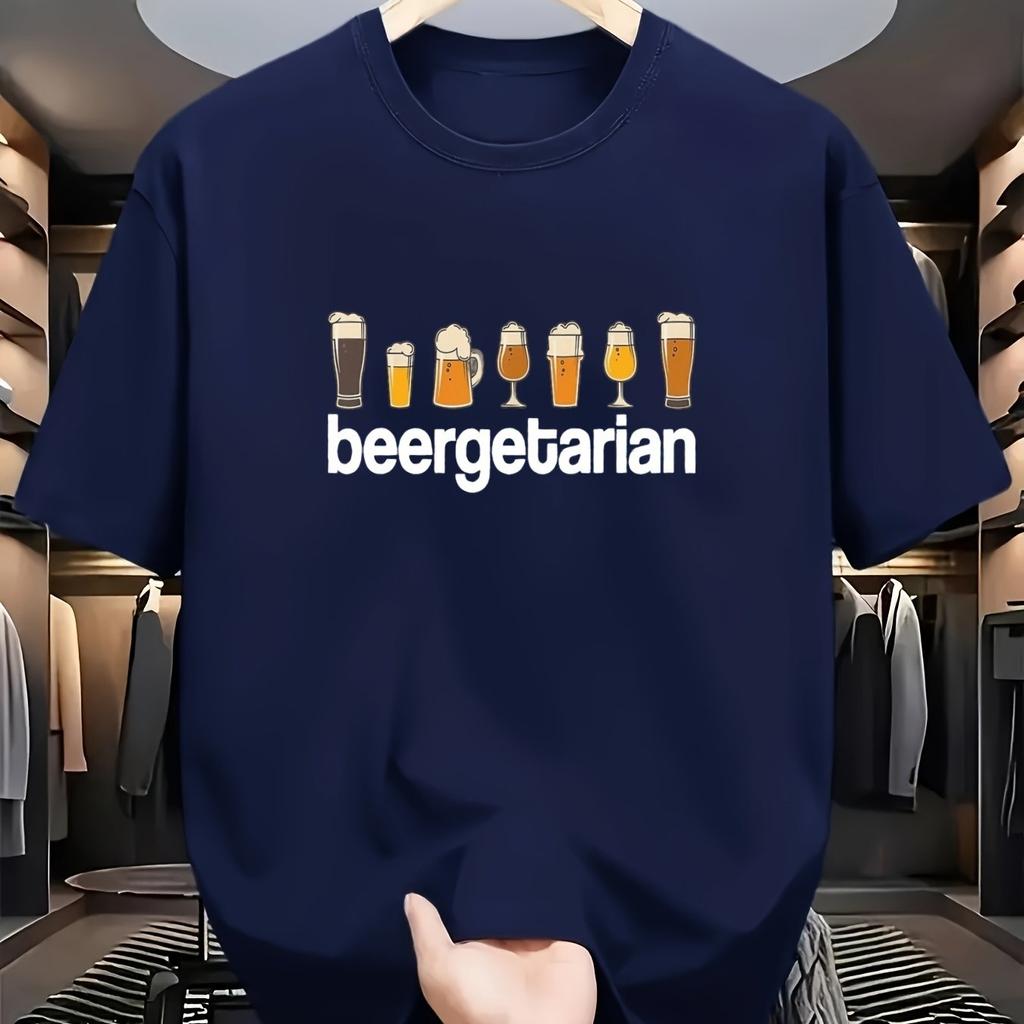 Unisex Cotton Funny Vegan Beer Lover Tshirt Beergetarian Print With Beer Mugs Vegan Symbol Navy Blue Crew Neck Casual Tee