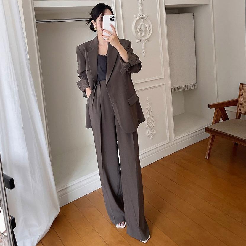 High End Women Suit Set British Style Spring Autumn Wide Leg Pants Two Piece Outfit Korean Minimalist Fashion