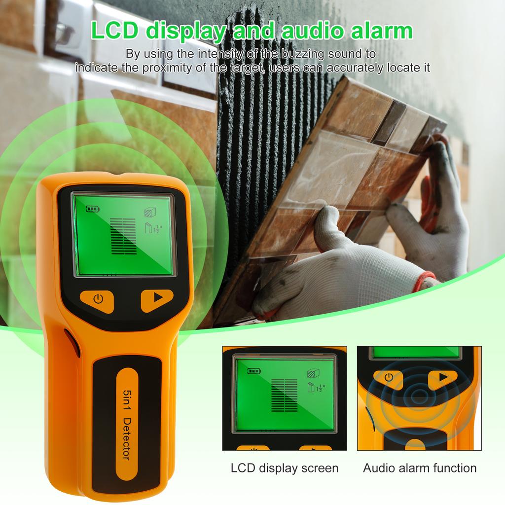 5-in-1-Ständererkennung Wand-Holz-Scanner Digitaler Handheld-Wanddetektor Spannungsführende Wechselstromleitungen Kabel PVC-Wasserleitung Metallfinder-Scanner