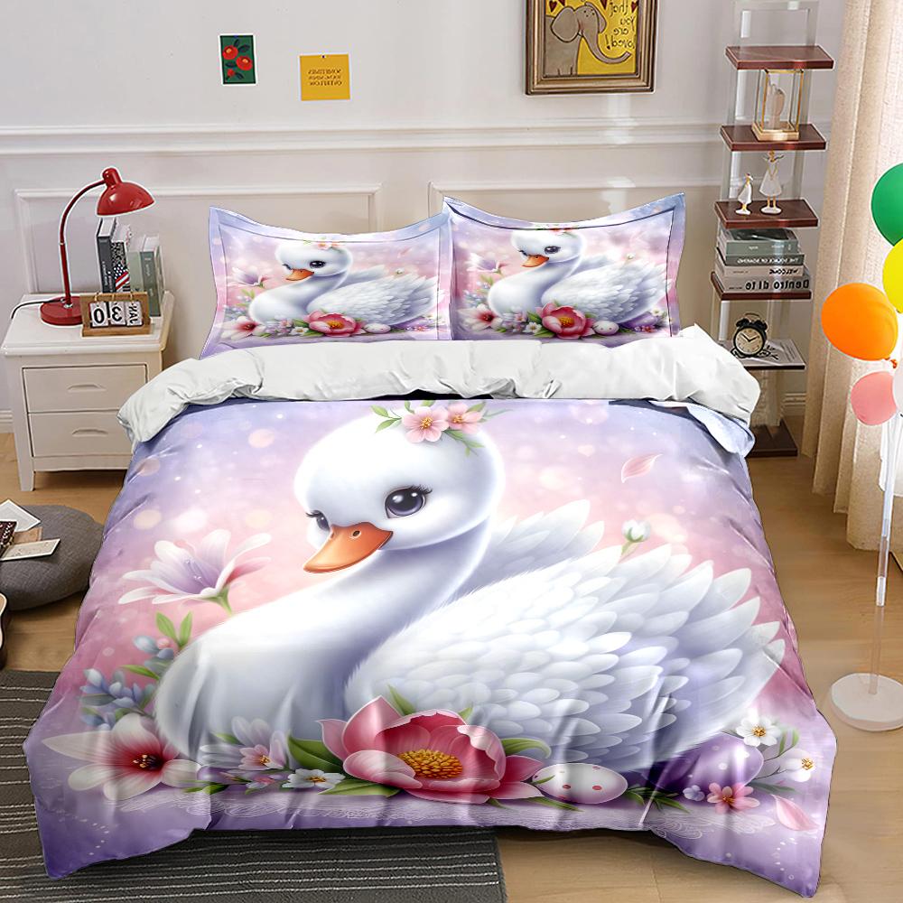 Swan With Floral Background Bedding Set For Kids Luxury Gift 3Pcs Digital Print Comforter Set Soft Comfortable Breathable