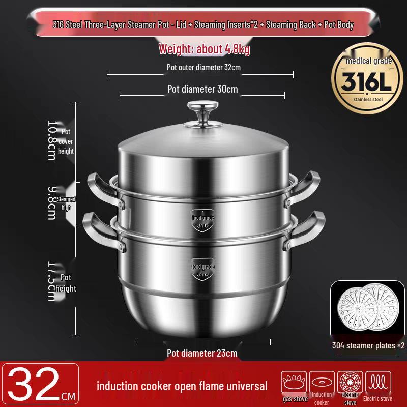 316 Stainless Steel High-Rise Steamer Pot, Extra Thick, Food-Grade, Large Capacity, Versatile 3-4 Layer Soup Pot