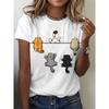 European sizesRound Neck Casual Top, White with Colorful Cat Design, Breathable & Comfortable for Spring/Summer, Casual Attire, Cat Tshirt