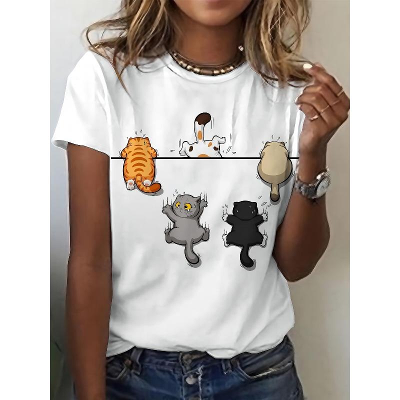 

European sizesRound Neck Casual Top, White with Colorful Cat Design, Breathable & Comfortable for Spring/Summer, Casual Attire, Cat Tshirt 4XL білий