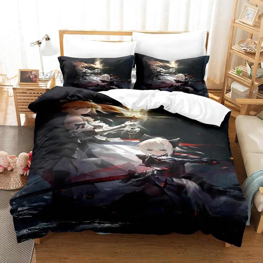 Kawaii Fate Saber Bedding Set Single Twin Full Queen King Size Bed Set Aldult Kid Bedroom Duvetcover Sets 3D Anime Bed Sheet Set