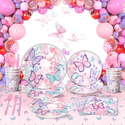 Pink Butterfly Party Supplies Spring Theme Party Decoration Set Disposable Paper Cup Paper Plate Venue Decoration