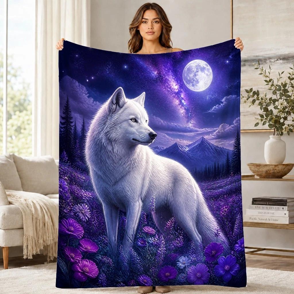 White Wolf Moonlit Meadow Coral Fleece Blanket Wildlife Decor
