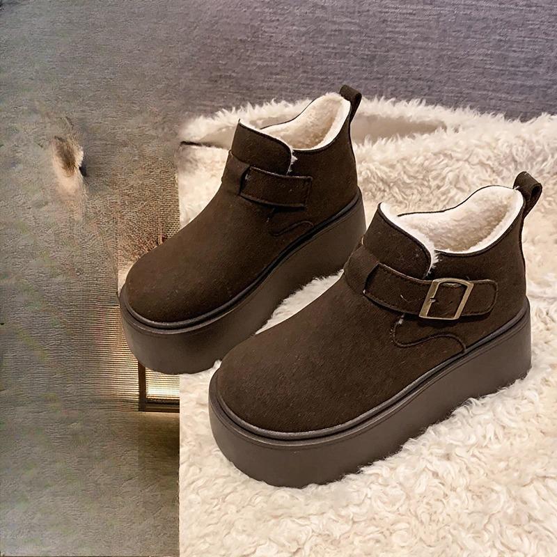 Suede Platform Women Snow Ankle Boots Short Plush Mid Heels Buckle Shoes 2025 Trend Winter New Warm Cozy Non-slip Botas De Mujer
