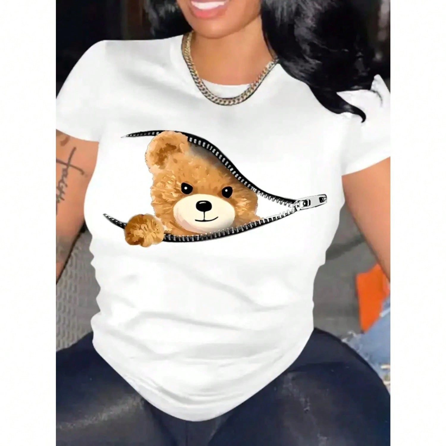 Graphic Print ZipBear T-Shirt For Wounisex Casual Short Sleeve Comfortable Crew Neck Soft Adorable Tees Tops S разноцветный