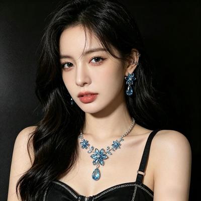 European & American Style Zircon Earrings and Blue Five-Petal Flower Necklace Set for Women