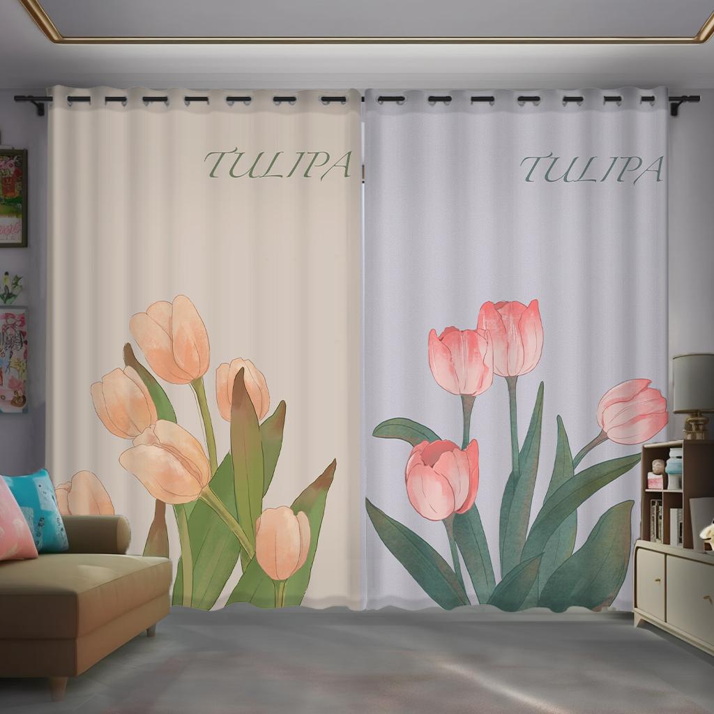 

2 Романтический Стиль Желтый Розовый Тюльпан Цветок Цифровой Печать Шторы для Девочек Спальня Оконные Шторы Карманный Карман Люверс Верхний Крючок 2x50W100H(CM)&hook