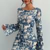 Autumn Elegant Flare Sleeve Backless Vintage Print Sexy Bodycon Mini Prom Dress Women Outfit Evening Party Festival Y2K Dresses