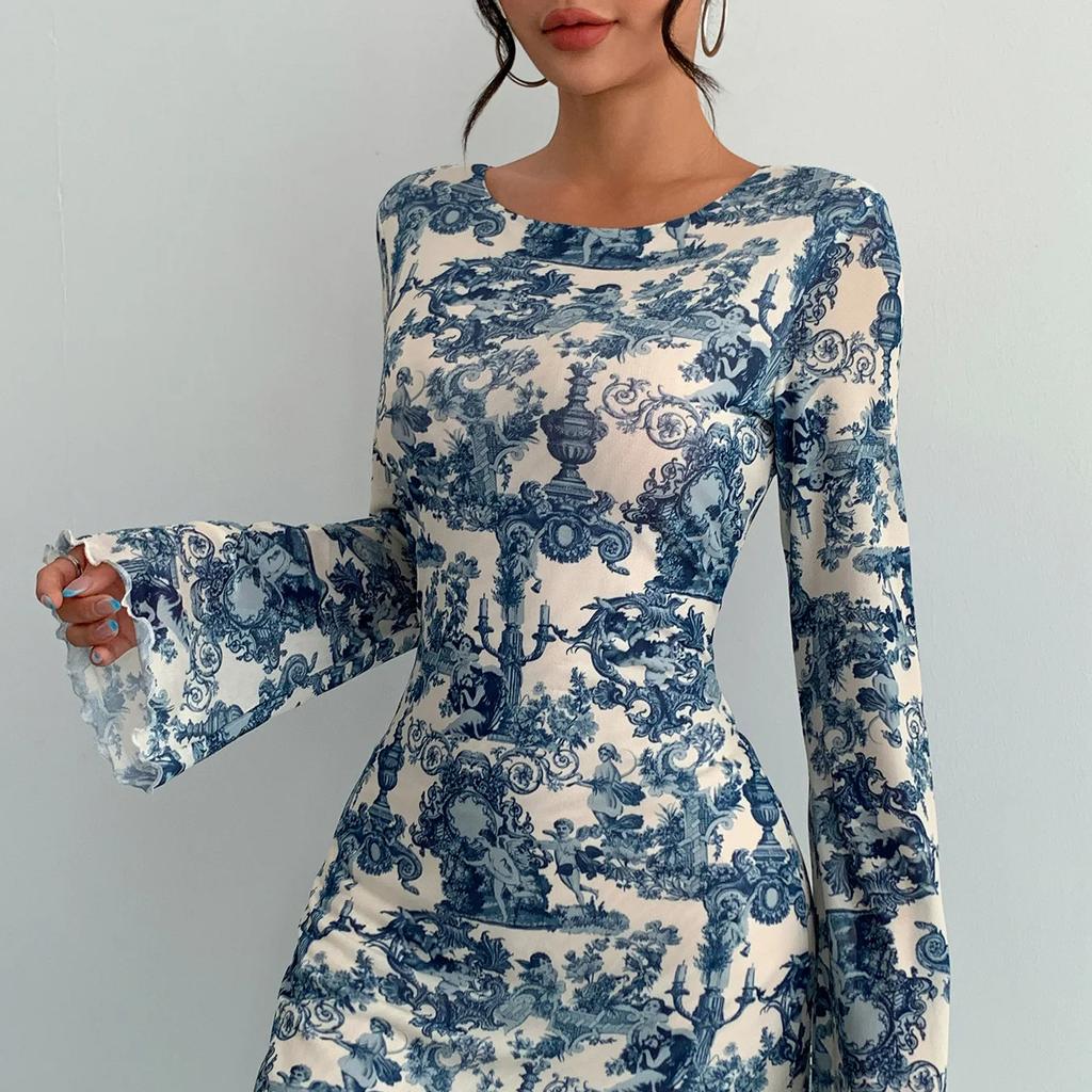 Autumn Elegant Flare Sleeve Backless Vintage Print Sexy Bodycon Mini Prom Dress Women Outfit Evening Party Festival Y2K Dresses