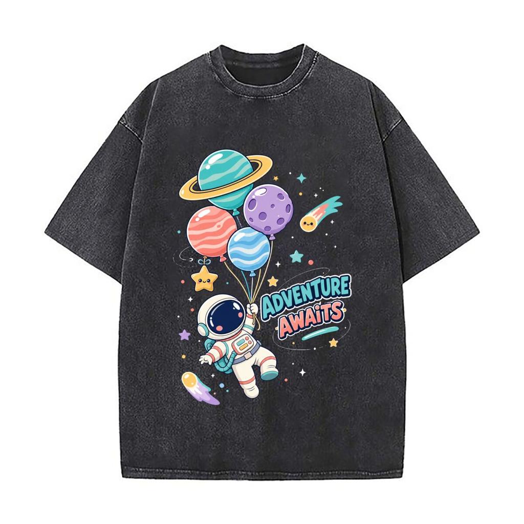 Cute Cosmic Balloon Explorer Illustr Retro Washed Distressed T Shirt Men Summer Casual Short Sleeve