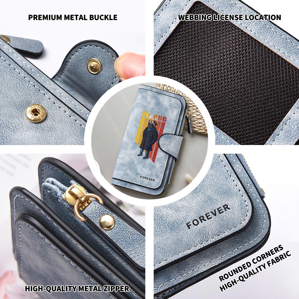 Fashion Cool Mr.Pug Printed Long Wallet Portable Multi Slot PU Leather Card Holder Casual Daily Use Clutch for Men Women