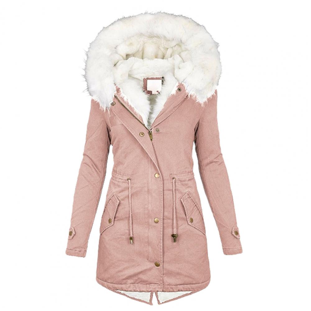Classic Soft Zipper Buttons Closure Slim Fit Women Hooded Cotton Padded Mid-Length Overcoat Winter Jacket Cold Resistant