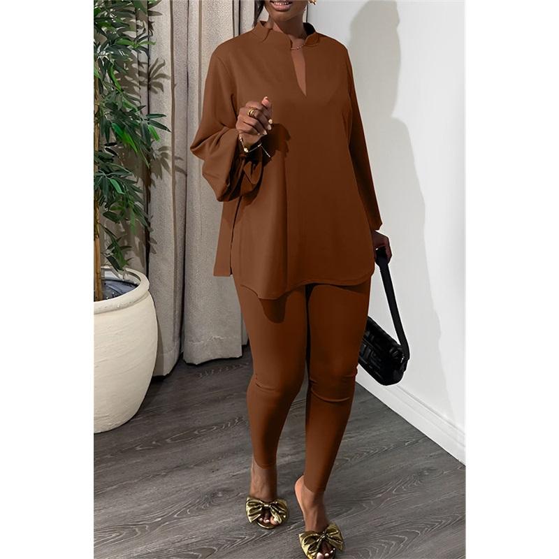 Women 2 Piece Outfit Stand Collar Long Sleeve Blouse + Skinny Pants Casual Suit