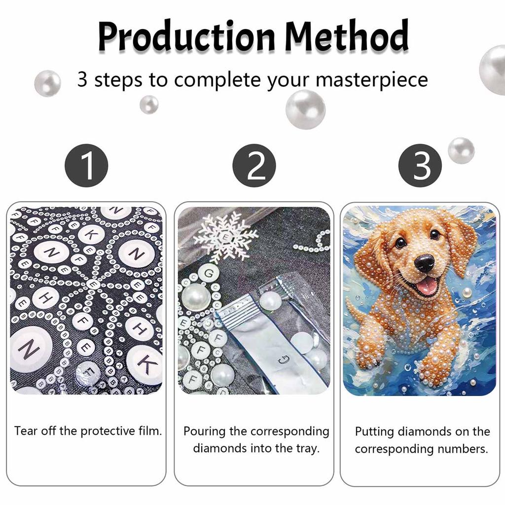 Swimming Golden Retriever Puppy Pearl Painting Kit with Frame Sparkling Bead Canvas Creative Leisure Craft for Wall Decor and Unique Gift
