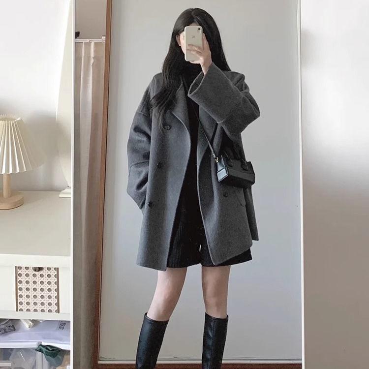 

Gray Korean-Style Wool Coat for Women - Spring/Autumn 2025, Petite Mid-Length Extra Large темно-сірий