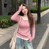 Lazy Autumn Chic Long Sleeve Fake Two Pink Knitted Sweater Design Women's Shoulder T-Shirt
