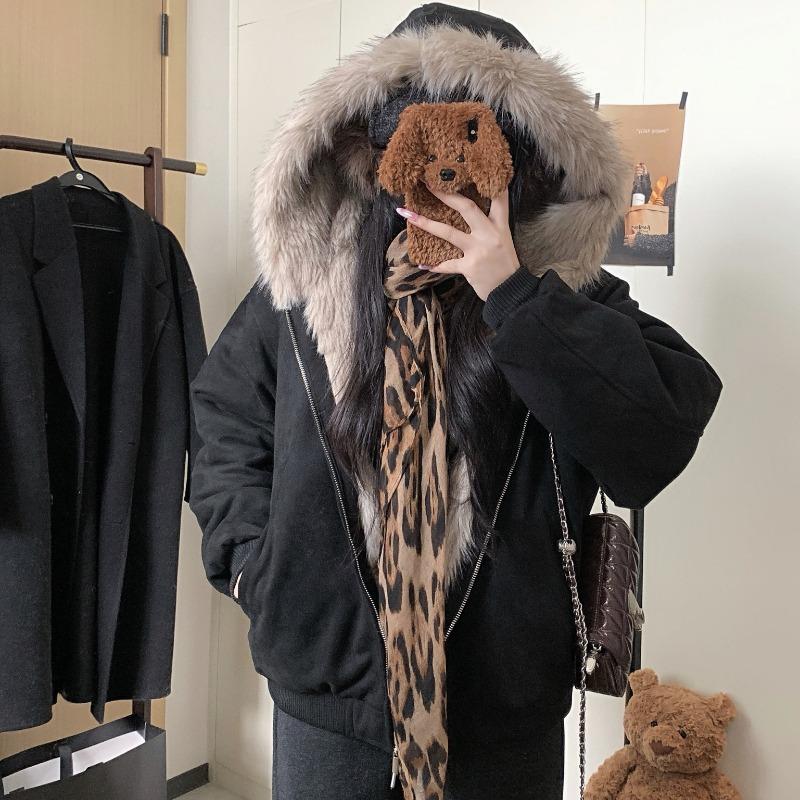 

Утепленная пушистая куртка с капюшоном, хлопковая рабочая короткая куртка для женщин, зимняя теплая уличный стиль, однотонные стеганые куртки L чёрный