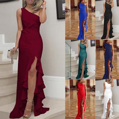 Womens One Shoulder Zipper Ruched Ruffle Formal Evening DressSlim Maxi Dresses