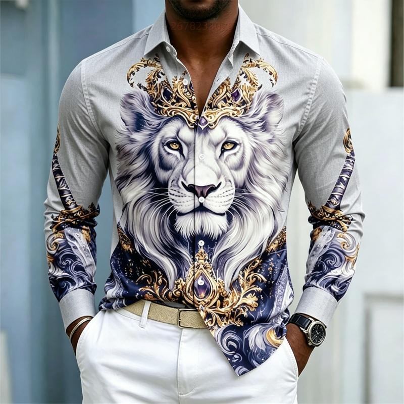 Camicia da uomo a maniche lunghe con colletto camicia Stampa Re Leone camicia business casual alla moda casual taglia grande vestibilità aderente top da uomo