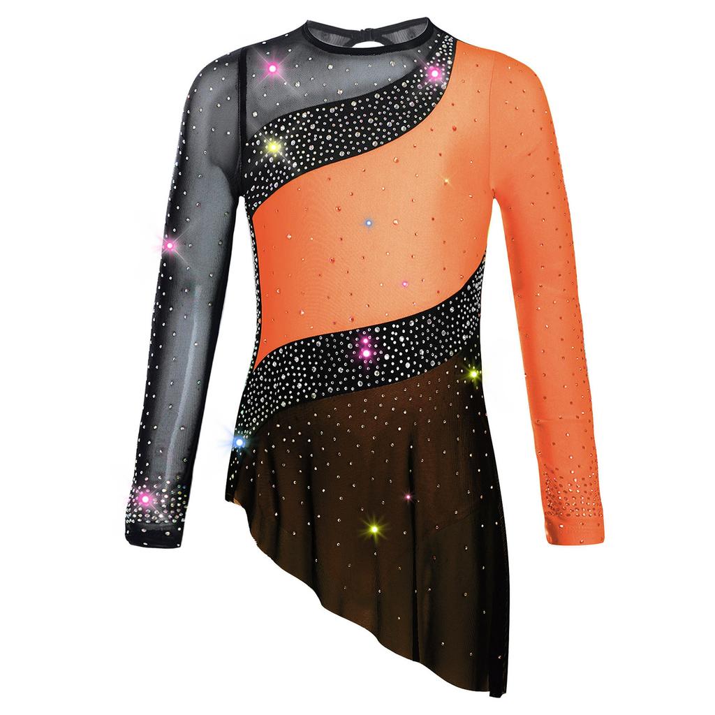 Girls Dance Gymnastics Bodysuit Dress Long Sleeve Sheer Mesh Patchwork Sparkling Rhinestones Color Block Leotard