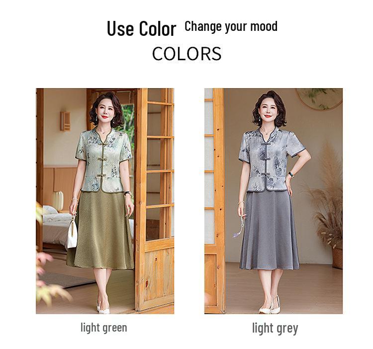 Léto 2025 Elegantní šaty v čínském stylu pro ženy středního věku - Design falešného dvoudílného vzhledu