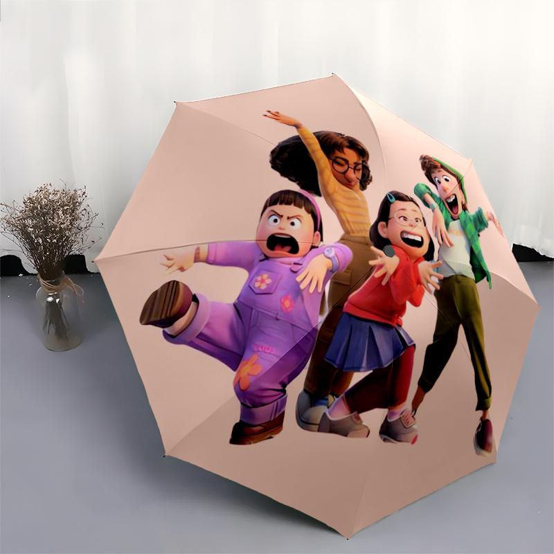 Meilin Mei Lee and Friends Cartoon Umbrella, Portable 3-Fold Compact Umbrella, Suitable for Camping, Hiking and Travel, Ideal Easter Birthda