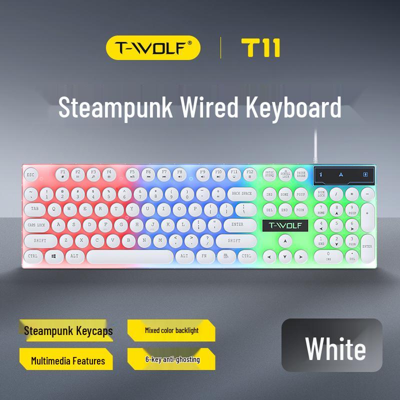 

T-WOLF T11 Retro Round Keycap Wired USB Backlit Gaming Keyboard