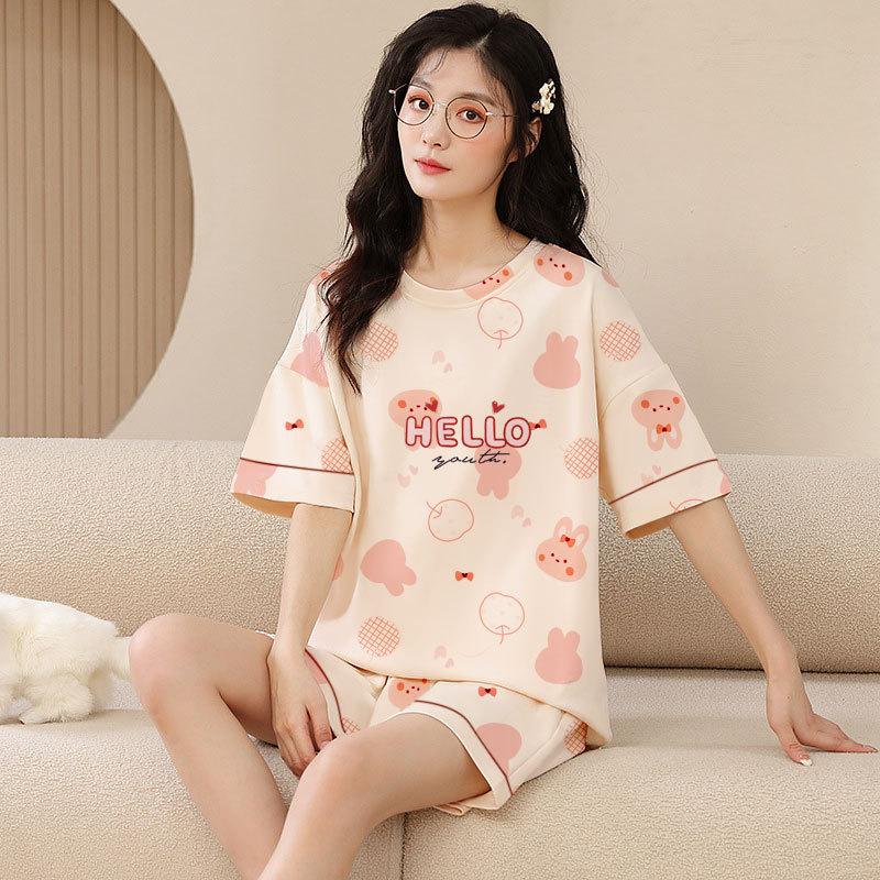 Summer comfortable crew neck pajamas for women, striped cartoon short-sleeve three-piece loungewear, in stock, direct order