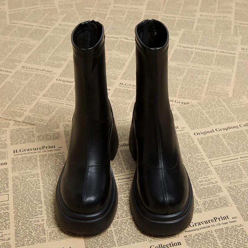 Women's Thick Sole Ankle Boots Thick Heel Round Head Side Zip Platform Shoes Square Heel Winter Outdoor Leisure Motorcycle Boots