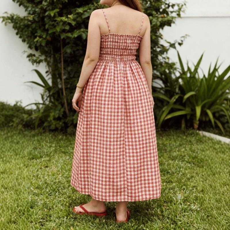 Women Casual Plaid Cinched Waist Spaghetti Strap Long Maxi Dress For Daily Vacation