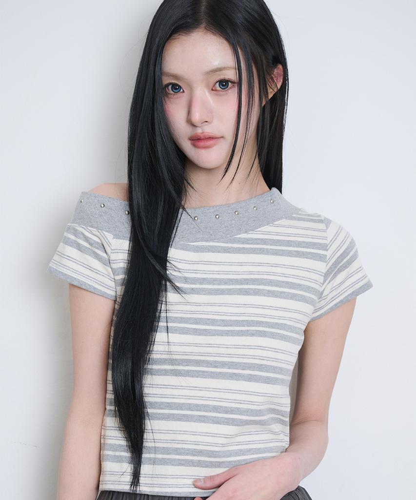 ILLIGO One-Shoulder Studded Stripe Top Grey Ivory
