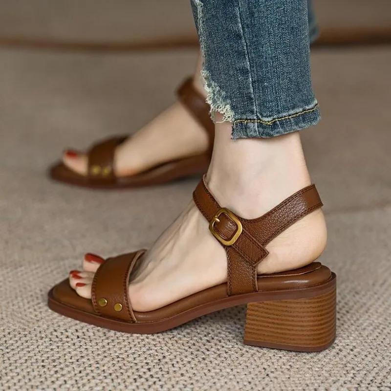 Fashion Women Sandals Summer Real Soft Leather Thick Heel Vintage Brown Sandals Women Cross One Line Strap High Heels Mary Jane Shoes