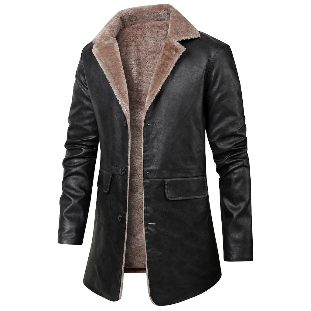 Men's Solid Color Button Pocket Work Wear Plus Velvet Leather Jacket Men's Casual Long Coat
