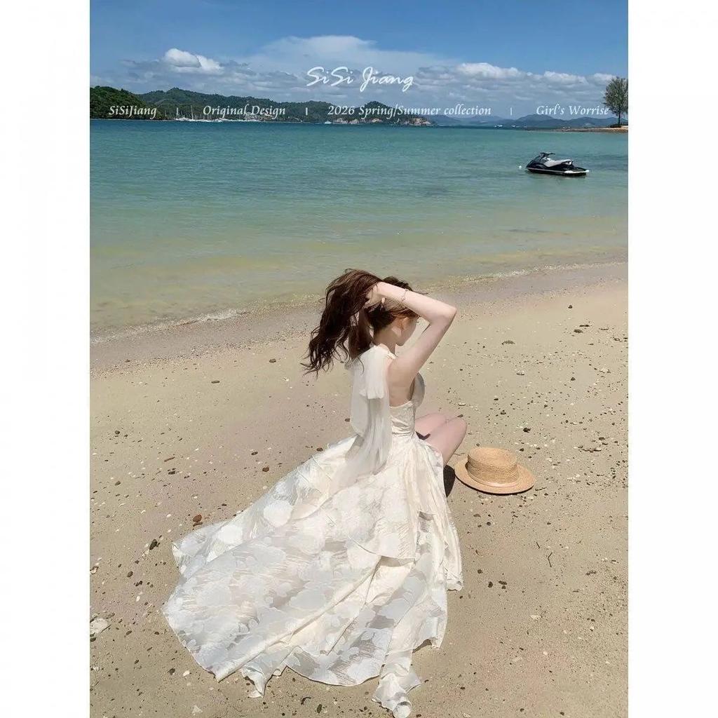 French sweet vacation style neck dress women's summer new pure desire style temperament irregular seaside vacation dress