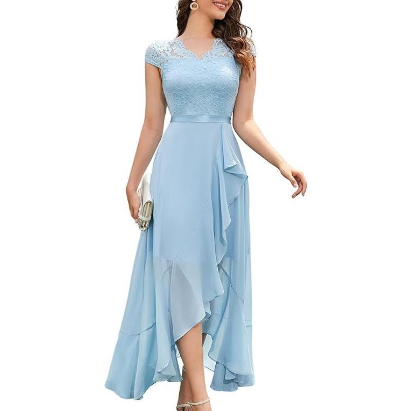 JPNTKY Fashion Summer Spring Solid Color Print Short Sleeve V-Neck Casual Dresses