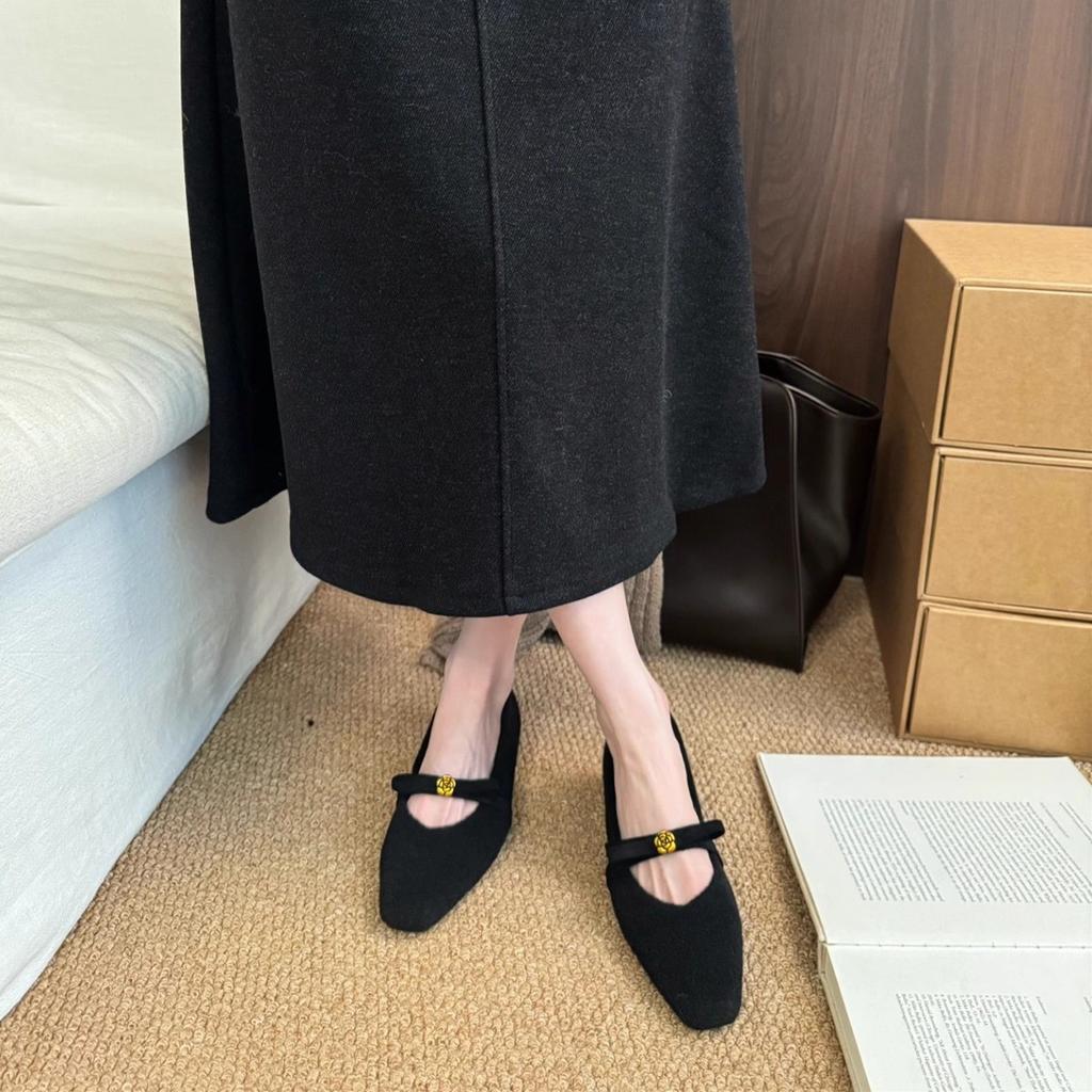 Bow season Mary Jane shoes women's small square head shallow mouth woolen plush warm ballet shoes