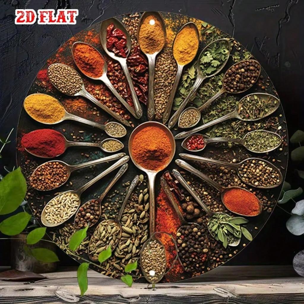 Round Metal Wall Art Spice Motif Dark Background Coastal Farmhouse Living Room Decor