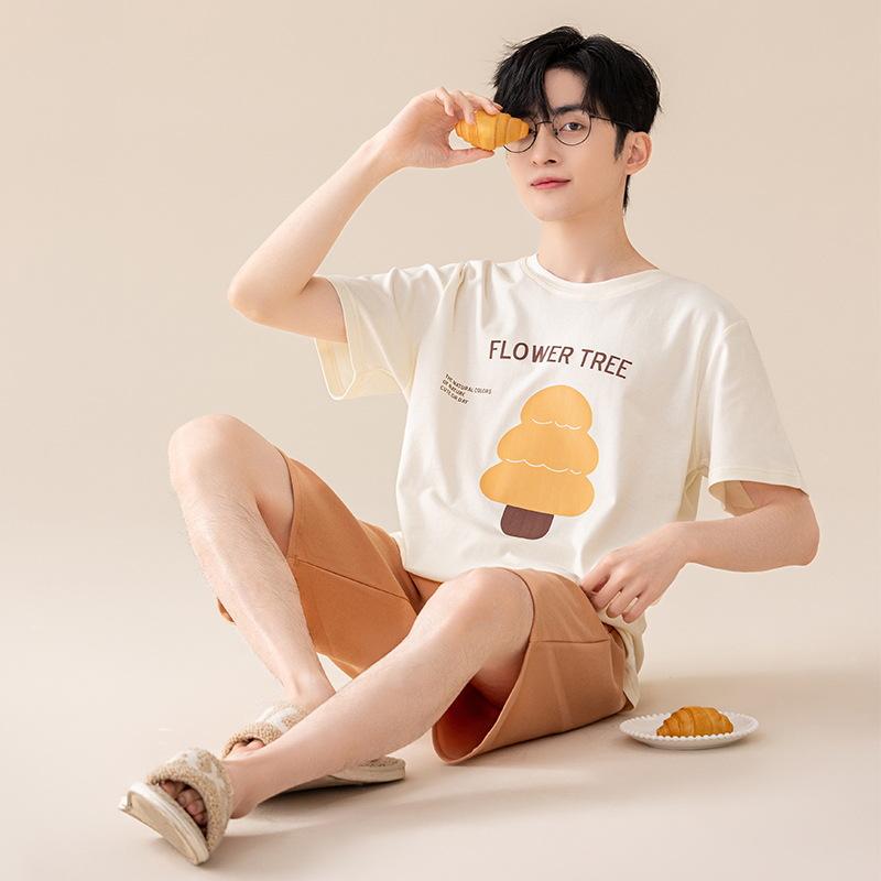 

Мужские новые хлопковые тонкие пижамы, летний свободный костюм с короткими рукавами, домашняя одежда L белый