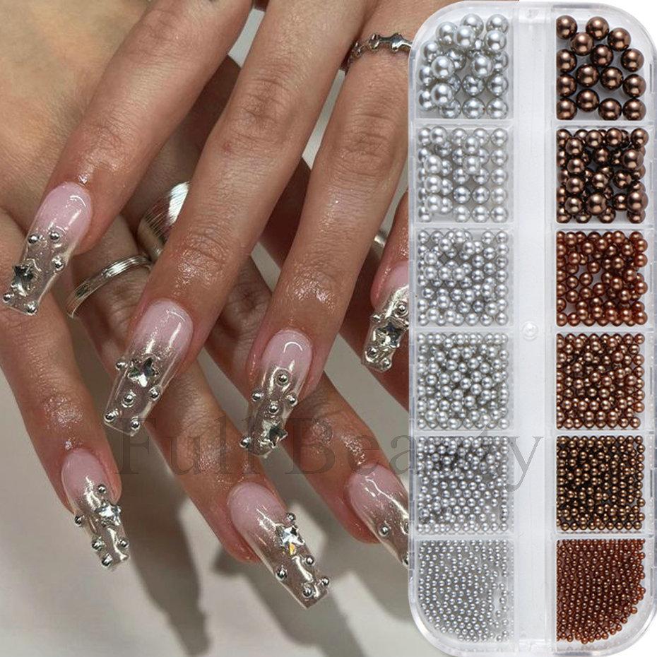Nail Art Jewelry, Maillard Color Pearl Flat-Bottomed Diamond Steel Ball Diy Nail Jewelry Mixed