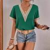 Women's V-Neck Lace Loose Top Commuter Short Sleeve Shirt Women's Splicing Design