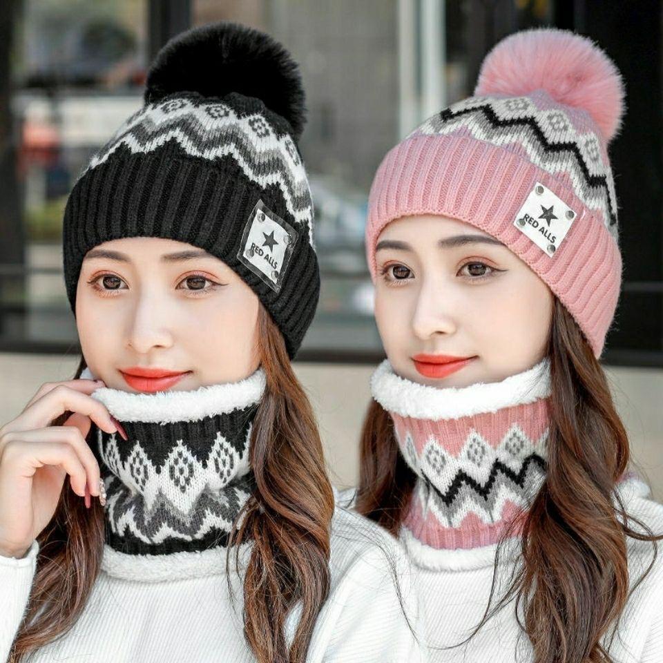 Winter women's thickened velvet warm knitted wool hat scarf set student cycling hairball ear protector hat