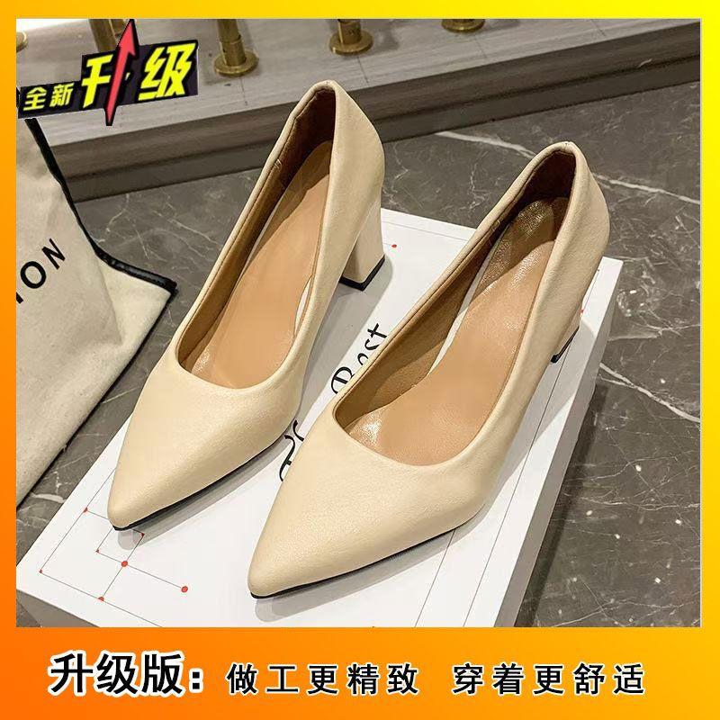 Fashion Large Size Women's Shoes Medium Heel Single Shoes High Heels Versatile Tide-Wide Feet Thick Heel Work Shoes