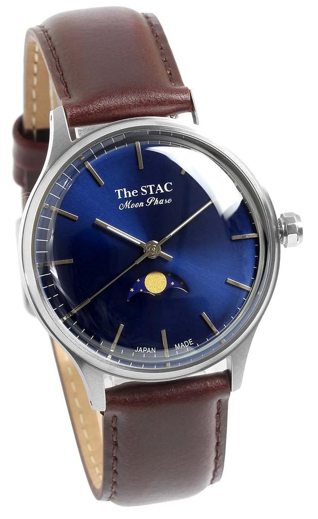 [The Stack] La STAC Montre Domestique Fabriquée au Japon 36mm Antique Rétro Homme Femme Unisexe Phase de Lune Barre x Bleu Marron ST-MF001