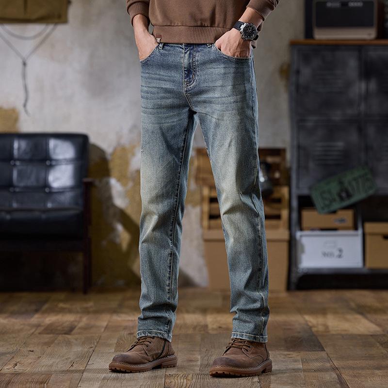 Four Seasons Quality American Casual Nostalgic Jeans Men's Straight Slim Elastic Youth Versatile Commuter Trendy Pants