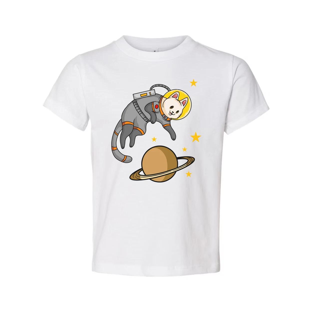 Unisex Space Cat Astronaut Graphic Tee Featuring Saturn Planet And Starry Space S