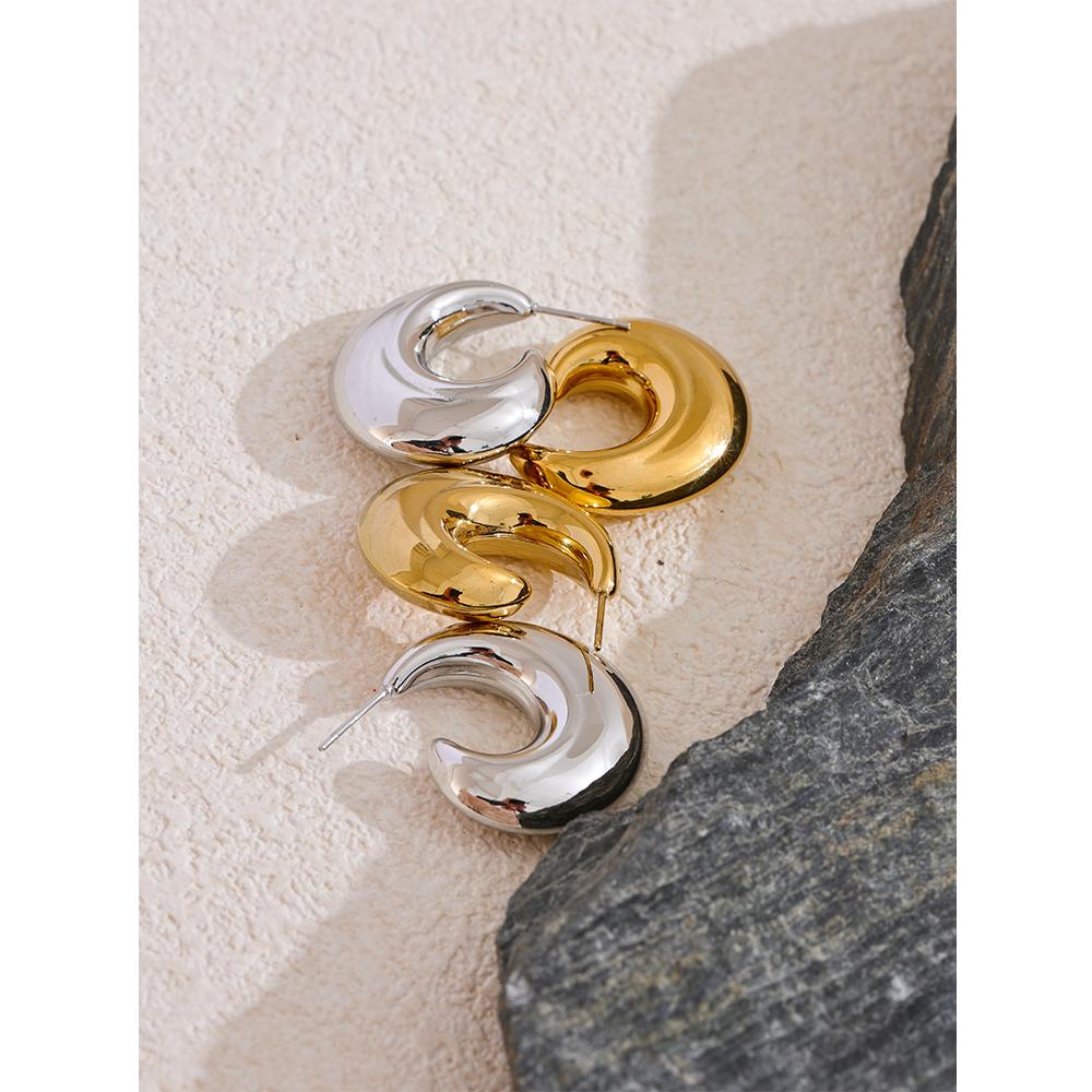 Yhpup Fashion Smooth Stainless Steel Metal C-Shape Chunky Earrings for Women 18K Plated Waterproof Charm Statement Jewelry